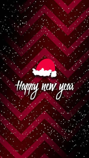 紅黑V形圖案，有雪花和聖誕帽，附有「新年快樂」文字。