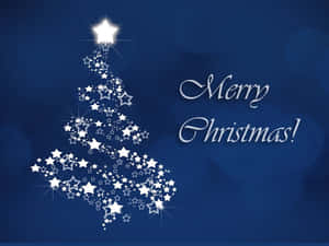 在藍色背景上，用閃閃發光的星星製成的星星樹的Merry Christmas祝福。