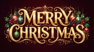 金色 Merry Christmas 文字飾以裝飾品和冬青漿果。 — 動漫聖誕 壁紙