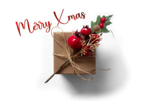 用棕色紙包裝的聖誕禮物，帶有冬青漿果和麻繩，文字為'Merry Xmas'。