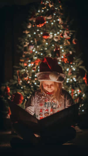 戴聖誕老人帽的小孩在亮燈的聖誕樹前讀書。
