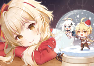 動畫女孩在節日冬季場景中，微笑著站在一個有兩個Q版角色的雪球旁邊。