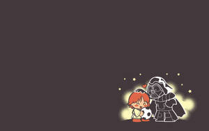一個Q版小孩抱著一個足球，旁邊是黑武士，星星閃耀。