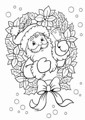 聖誕老人喺一個有聖誕紅、冬青同蝴蝶結嘅花環入面，被雪花包圍。