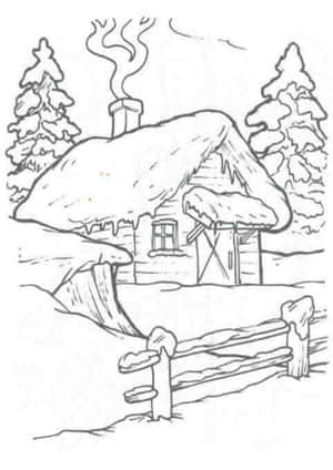 冬季小屋，煙囪冒煙，被雪和松樹環繞。