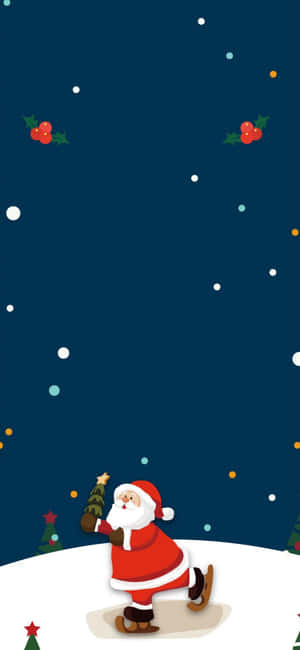 聖誕老人在星光熠熠的夜空下，在雪上溜冰，並有冬青果。 — 聖誕節 iPhone 壁紙