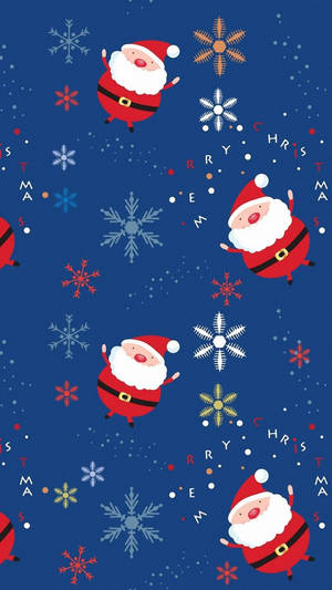 節日卡通聖誕老人和雪花散落在藍色聖誕圖案上。