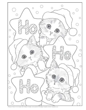 三隻戴聖誕帽的小貓，配上「Ho Ho Ho」星星和雪花，適合節日填色。 — 聖誕節 壁紙
