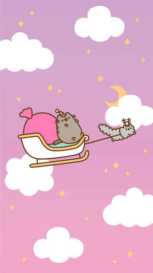 Pusheen 貓咪在由馴鹿拉著的雪橇上，穿過有雲和星星的粉紅色天空。