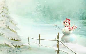 雪人站在雪森林中，戴著紅白圍巾和帽子