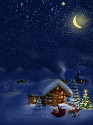 聖誕老人與馴鹿在星夜下將禮物送到雪屋。