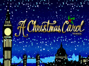 A Christmas Carol 音樂劇海報，展現倫敦天際線和夜間飄雪。
