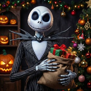 Jack Skellington 喺聖誕樹同發光南瓜附近拎住一袋禮物。