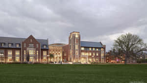 黃昏時分燈光亮起的大學建築，綠色草坪和光禿禿的樹木