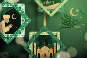 Ramadan Kareem 問候，帶有剪紙清真寺祈禱場景和新月設計。 — 齋戒月 壁紙
