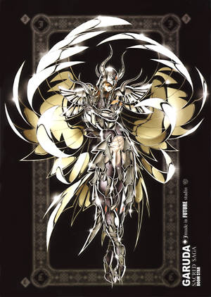 動漫角色 Garuda 身穿銀色和金色盔甲，在黑暗華麗的背景中展開發光的翅膀。