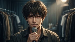 年輕動漫男子在掛有衣架的化妝間裡拿著麥克風。