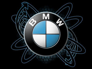 BMW 標誌帶有發光藍色原子軌道箭頭，背景為黑色。