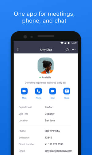 手機屏幕顯示聯絡人 Amy Diaz，附有可用狀態和通話/聊天選項。 — Galaxy Tab A 壁紙