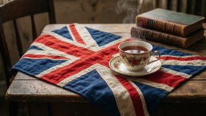 冒煙的茶杯在花卉碟子上，配英國國旗布和復古書籍在木桌上