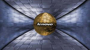 未來感金屬隧道中的金色 Lenovo 標誌球體。
