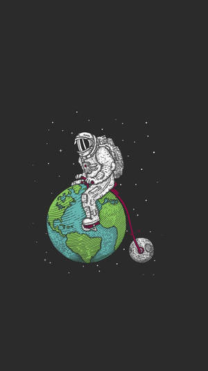 太空人在太空中騎著前輪為地球、後輪為月球的單車。
