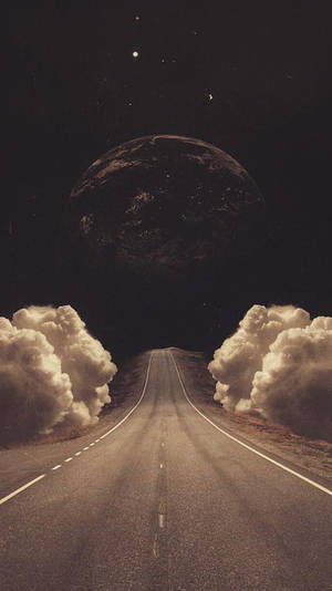 一條路穿過雲層通向繁星夜空中的巨大行星。