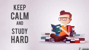 戴眼鏡的學生被書本包圍閱讀，帶有 'Keep Calm and Study Hard' 文字。
