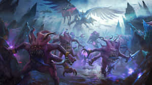 紫色的惡魔生物，眼睛和武器發光，衝過黑暗、暴風雨的戰場。 — 戰爭 壁紙
