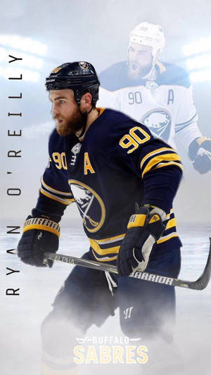 冰球運動員 Ryan O'Reilly 身穿水牛城軍刀隊裝備在冰上，帶有隊友的幽靈影像。