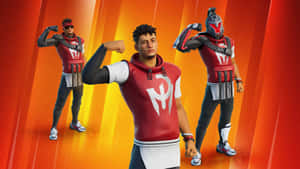 三個身穿紅白服裝的Fortnite角色在橙色漸變背景前展示肌肉。