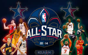 NBA全明星2014活動海報，籃球運動員穿著球隊球衣。