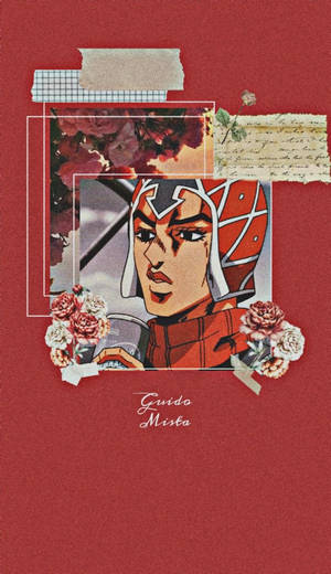 動畫角色 Guido Mista 在拼貼畫中，背景為紅色，帶有花朵和手寫筆記。