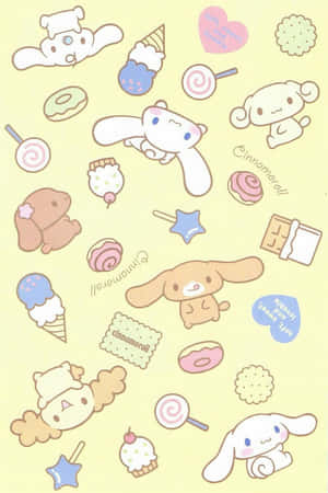 Cinnamoroll 角色和糖果在粉彩黃色背景上漂浮。