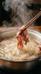 筷子從冒著蒸氣的鍋中夾起一片牛肉。