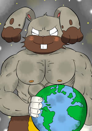 巨大的憤怒卡通海狸在星空下抱著地球儀。 — 繪畫 壁紙