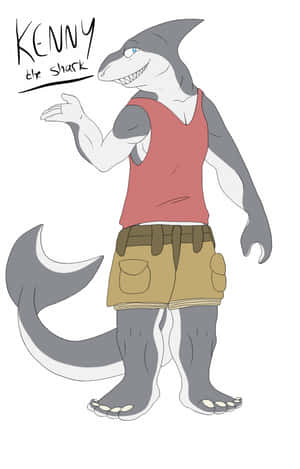 名為Kenny的擬人化鯊魚角色，穿著紅色背心和卡其色短褲揮手。