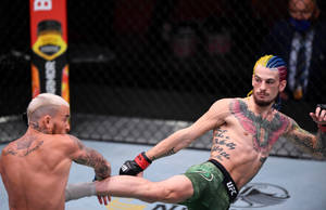 兩名MMA拳手在UFC八角籠內交戰，其中一人踢出高踢。