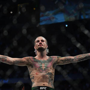 紋身MMA選手在UFC八角籠中高舉雙臂慶祝勝利。