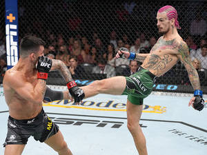 兩名MMA鬥士在UFC八角籠內對戰，其中一人施展高踢。