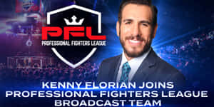 Kenny Florian身穿西裝，在發光的競技場背景下加入PFL廣播團隊。