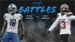 兩位身穿球隊制服的NFL外接手在選秀對決圖形中對峙。