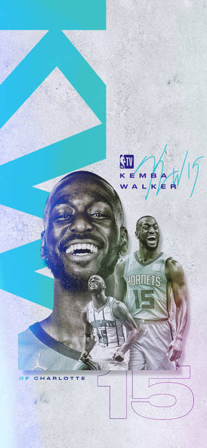 籃球運動員Kemba Walker的肖像，附有球隊品牌標誌和簽名。 — Jordan 標誌 GIF 壁紙