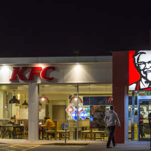 夜晚照亮的KFC餐廳，裡面有顧客，一個行人走過。