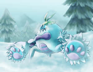 一隻藍色冰主題的寶可夢在雪地森林中跳躍，周圍有松樹。