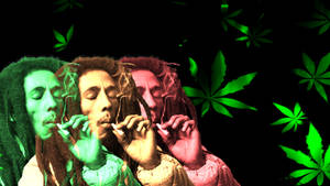 三個彩色Bob Marley肖像，吸煙並帶有發光的大麻葉。
