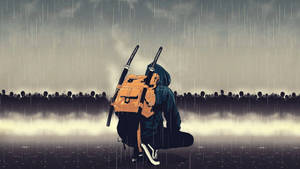 一個戴兜帽的戰士在雨中跪著，面向人群，背上兩把劍。