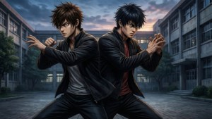 兩個動漫戰士穿著黑色外套，在黃昏的學校庭院中以戰鬥姿勢背靠背站立。