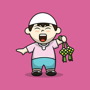 一個開心卡通男仔喺粉紅色背景前拎住ketupat。
