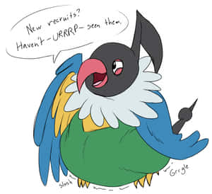 一隻卡通鳥，綠色身體和藍色翅膀，說：「新兵？我 - URRRP - 沒見過他們。」